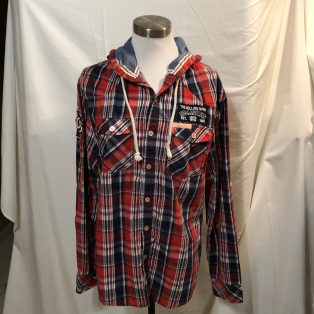 The Rolling Paper Red & Blue Button Up Flannel w/Hood